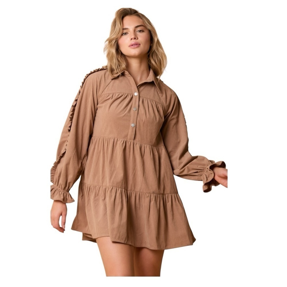 Fantastic Fawn Mocha Corduroy Oversized Ruffle Sleeve Tiered Mini Dress. Medium